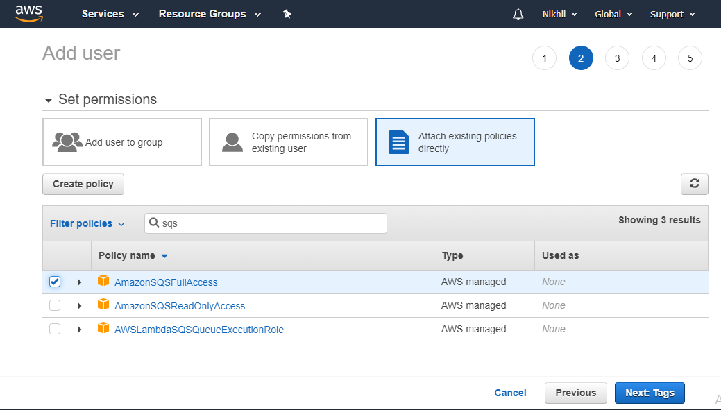 Add policies to user in AWS