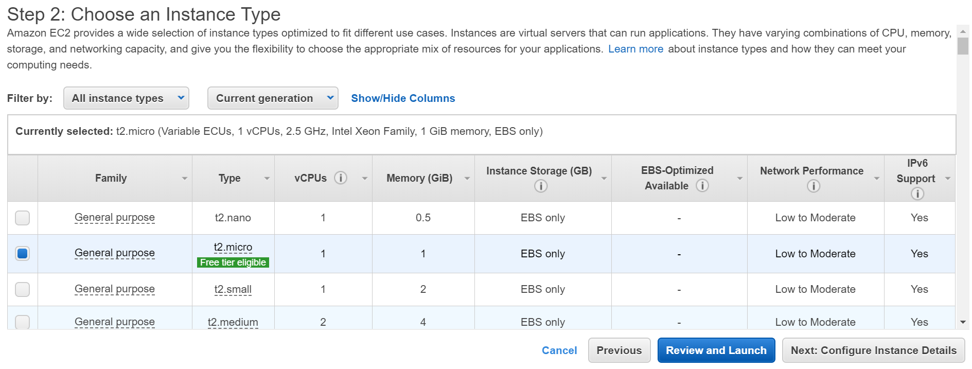 Choose instance type in AWS