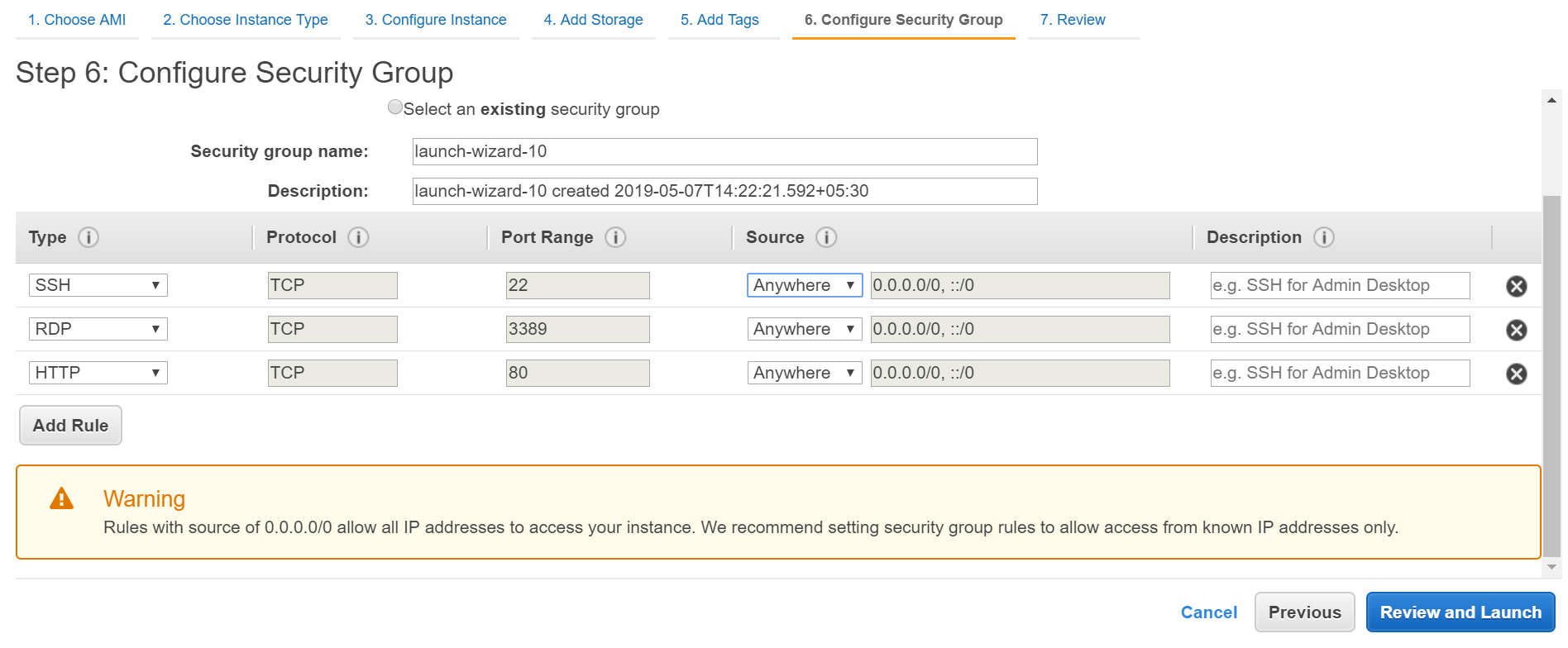Configure security group in AWS