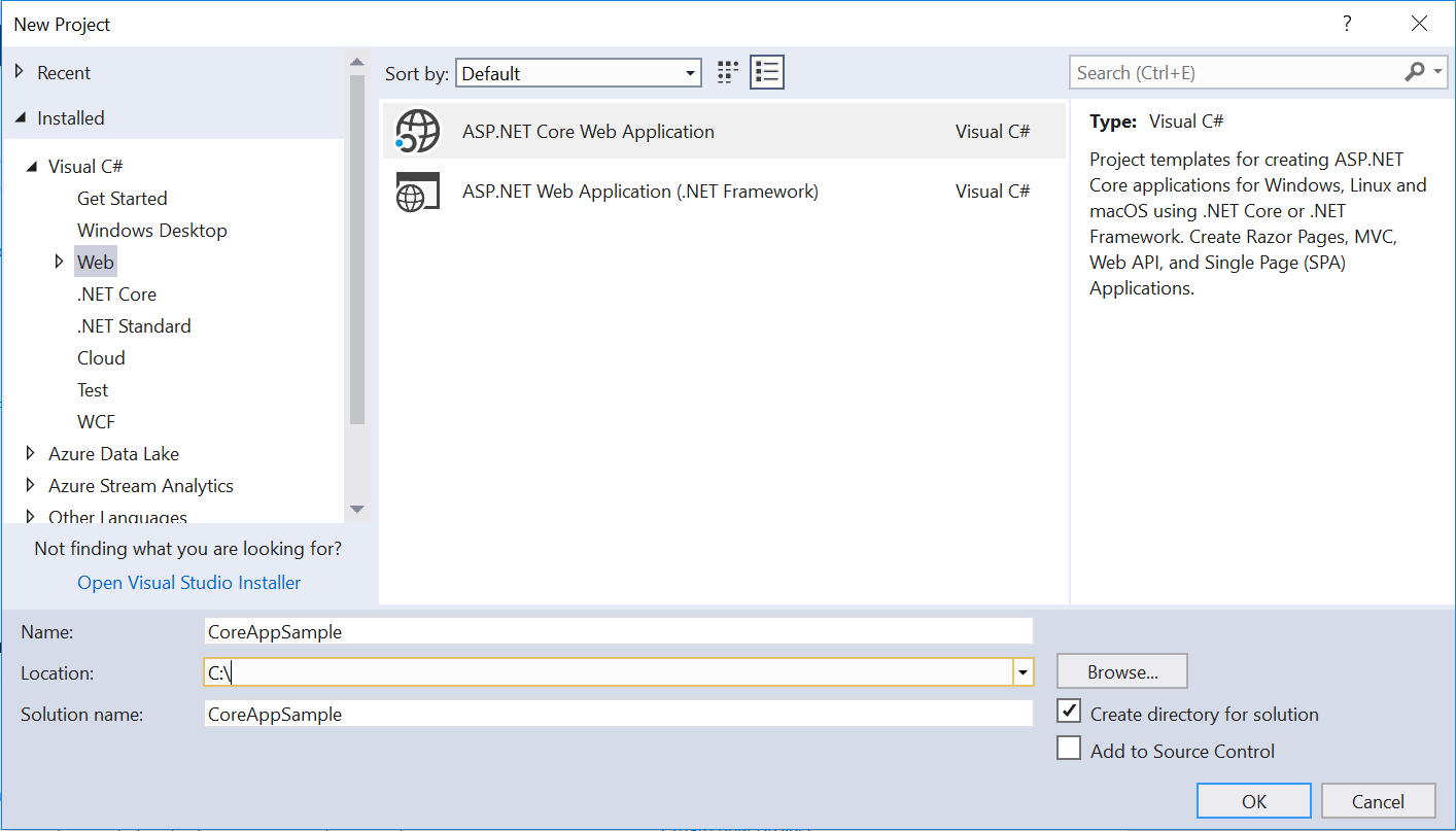 New Project Asp.net Core in Visual Studio 2017