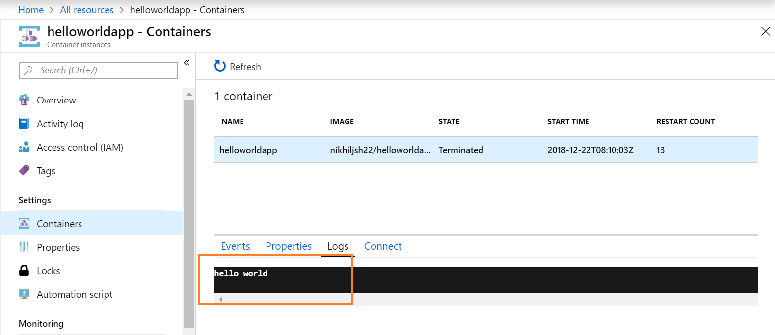 Refreshing container on azure